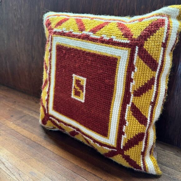 Red Gold Geometric Wool Needlepoint Boho Accent Pillow 14 inches Square Handmade - Picture 2 of 11